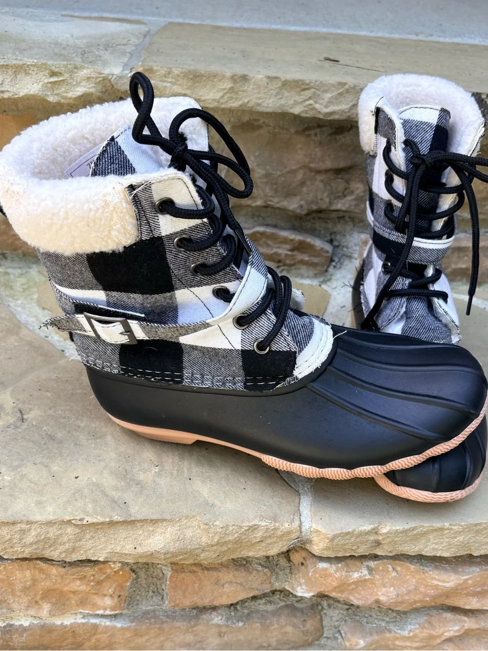 Outwoods Black Plaid Winter Duck Boots with Light Soles